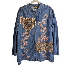 Vintage Floral Denim Paisley Jacket XL Blue Embroidery Colorful Western Boho 90s